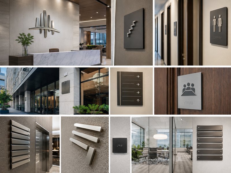 Commercial sign types including dimensional letters, plaques, room signs, Braille signs and directories