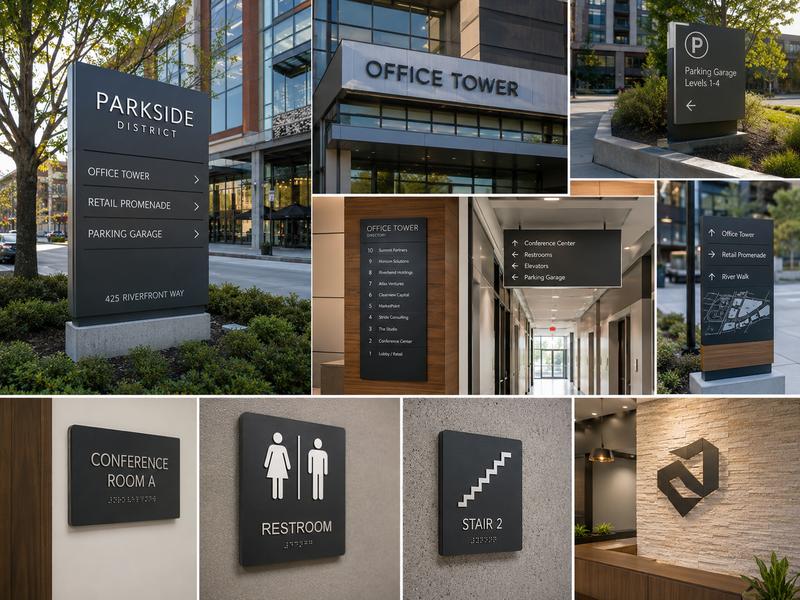 Commercial sign types for a complete indoor and outdoor signage project
