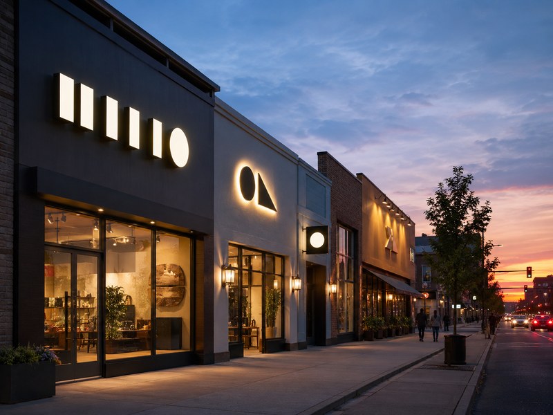 Front-lit, halo-lit, blade and non-illuminated signs compared for commercial visibility at dusk