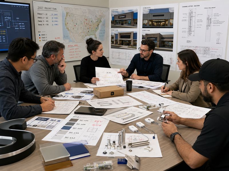 Signage project team reviewing drawings, materials, mounting details, electrical plans, and multi-location rollout requirements