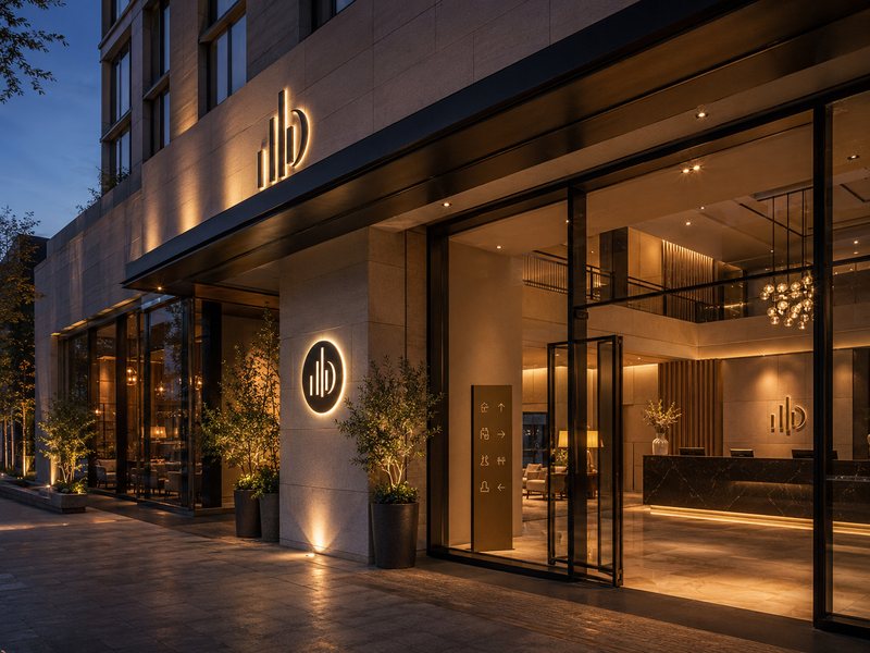 Illuminated exterior signs and non-illuminated interior signage used across a coordinated commercial property