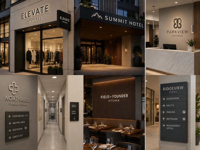Complete commercial signage system with storefront, lobby, ADA and wayfinding signs