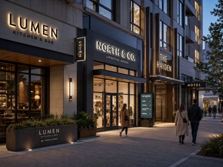 Commercial signage trends for 2027 featuring channel letters, blade signs, light boxes, wayfinding signs, and interior logo signage