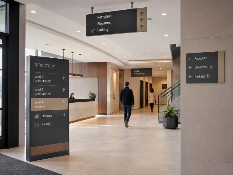 Coordinated commercial wayfinding signs in a modern multi-tenant building entrance