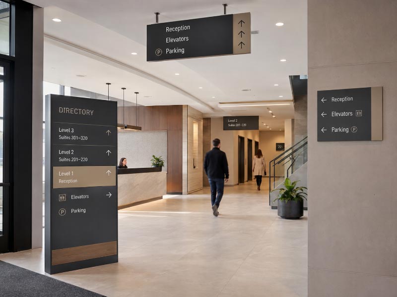 Coordinated commercial wayfinding signs in a modern multi-tenant building entrance