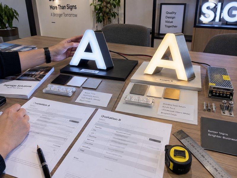 Comparing two custom sign quotations with matching samples materials power supplies mounting parts and specifications