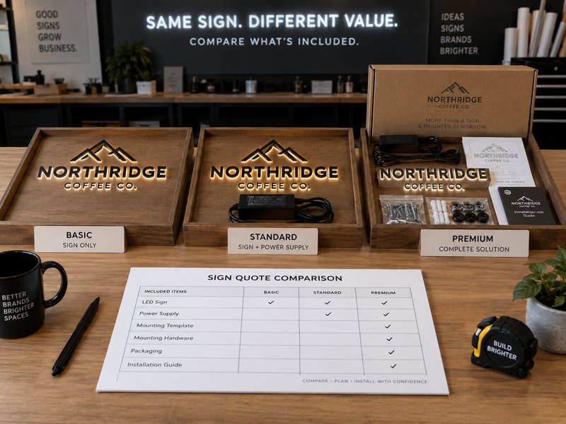 Comparing commercial sign quotes by materials, lighting, mounting and included components