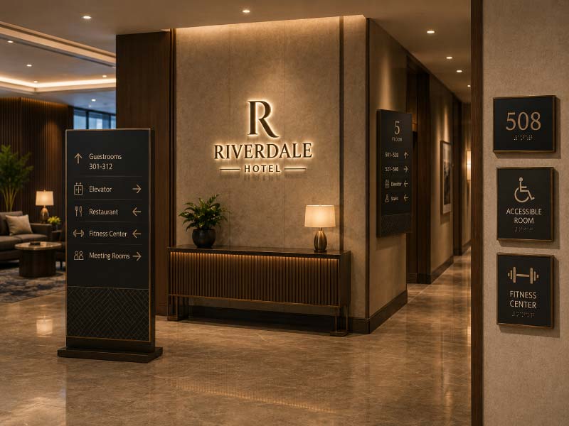 Complete hotel sign system with lobby, room, and directional signs
