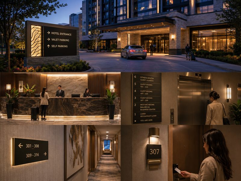 Complete hotel signage system including exterior, lobby, wayfinding and room signs