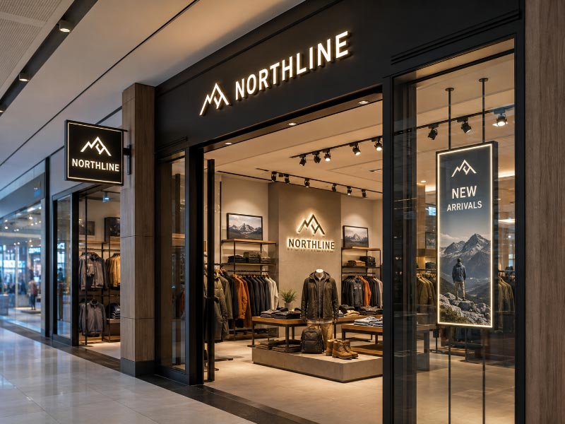 Complete mall store sign package with coordinated exterior, window, and interior signage