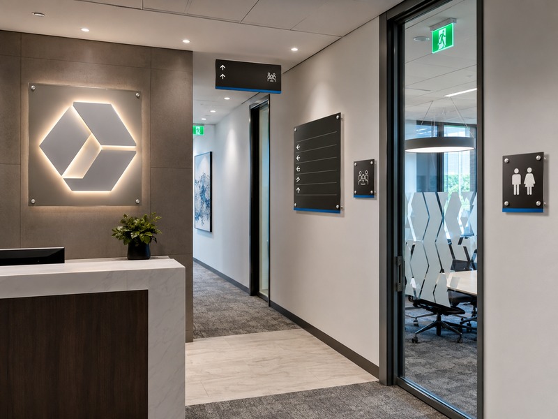 Complete office signage system with reception logo, directory, wayfinding and room signs