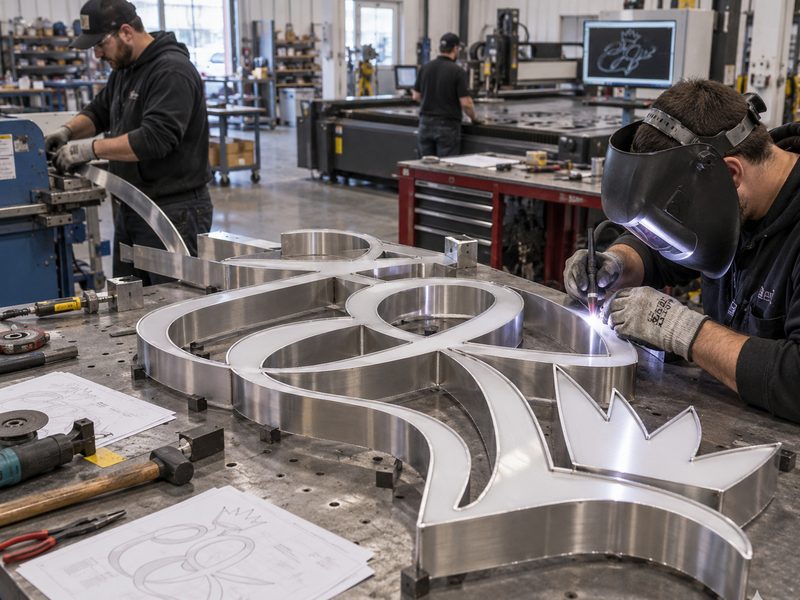 Complex channel letters being fabricated in a professional sign factory