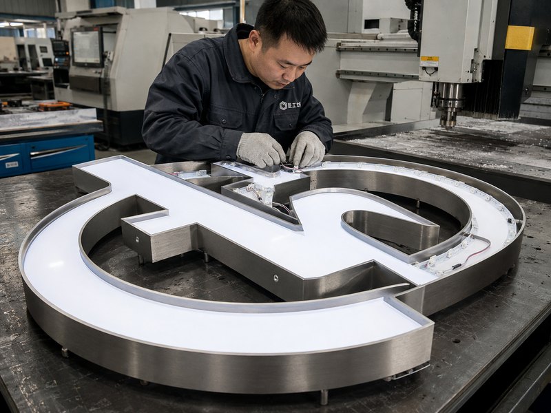 Complex illuminated logo sign being fabricated with metal, acrylic, LEDs and precision manufacturing processes