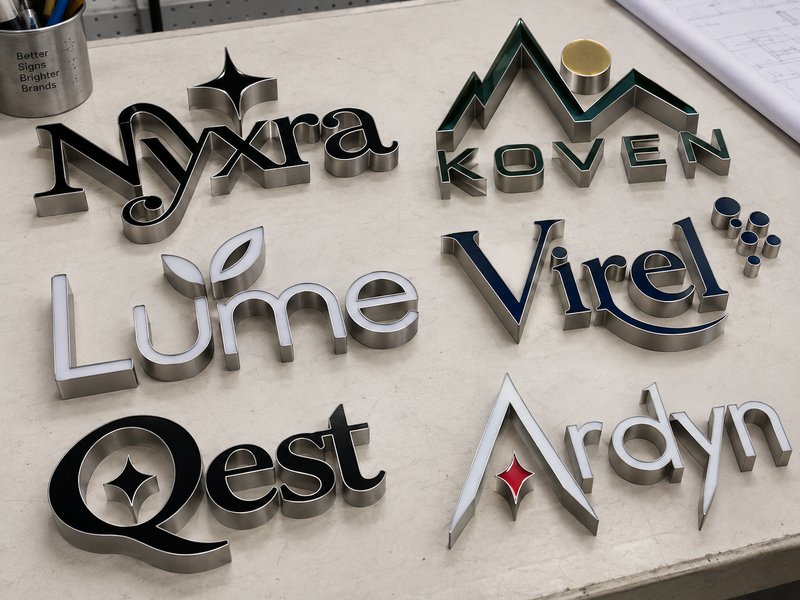Complex logo channel letters with thin strokes and detailed shapes