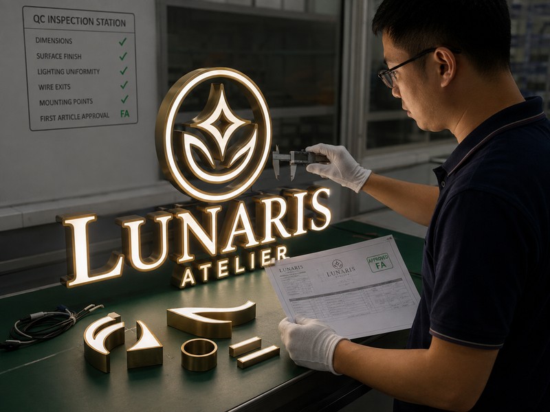Complex illuminated logo sign undergoing final QC and first-article inspection before factory approval