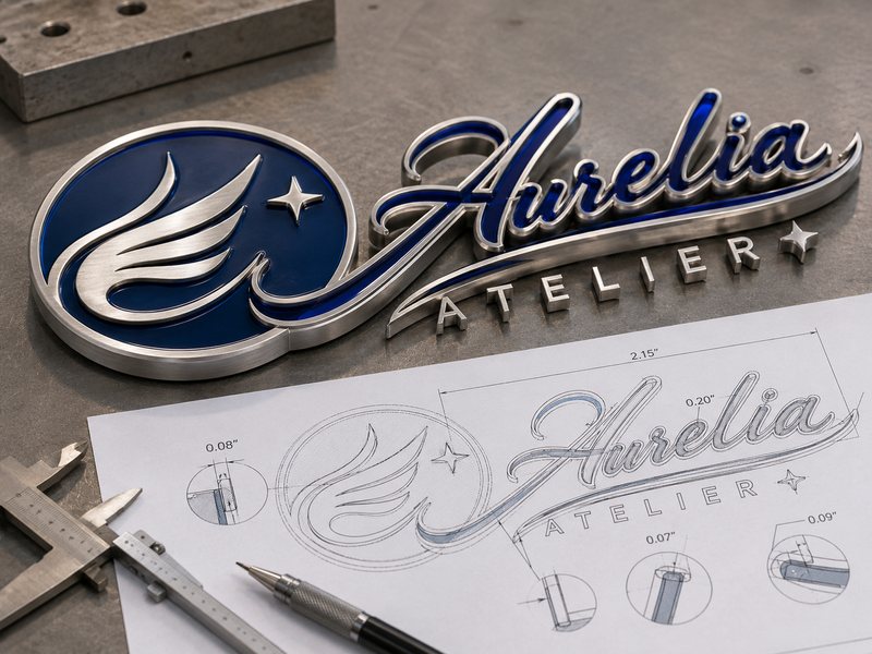 Complex logo sign with thin strokes, tight curves and small details being evaluated for manufacturability