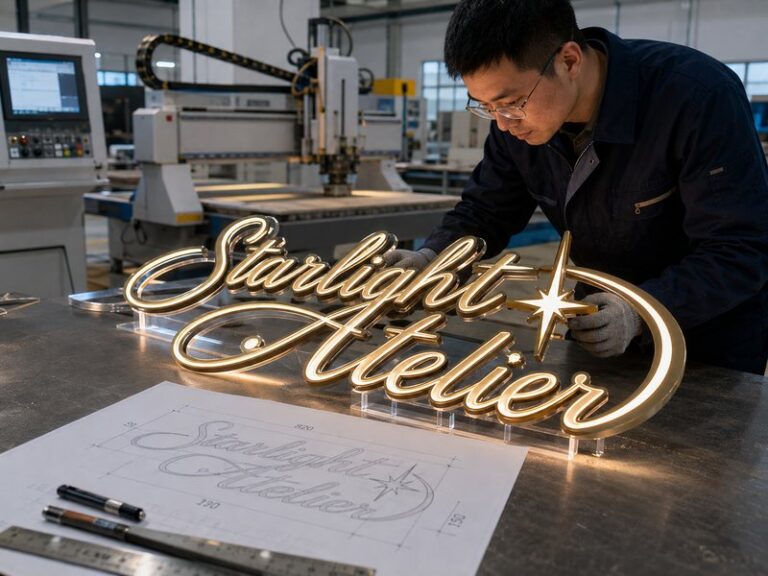 Complex custom logo sign under engineering review at a professional sign manufacturing factory
