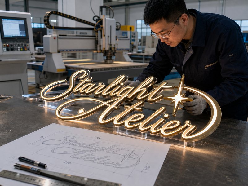Complex custom logo sign under engineering review at a professional sign manufacturing factory