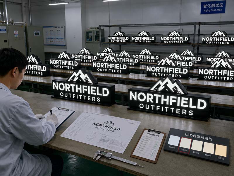 Identical channel letter sign sets undergoing lighting and consistency inspection for a multi-store rollout