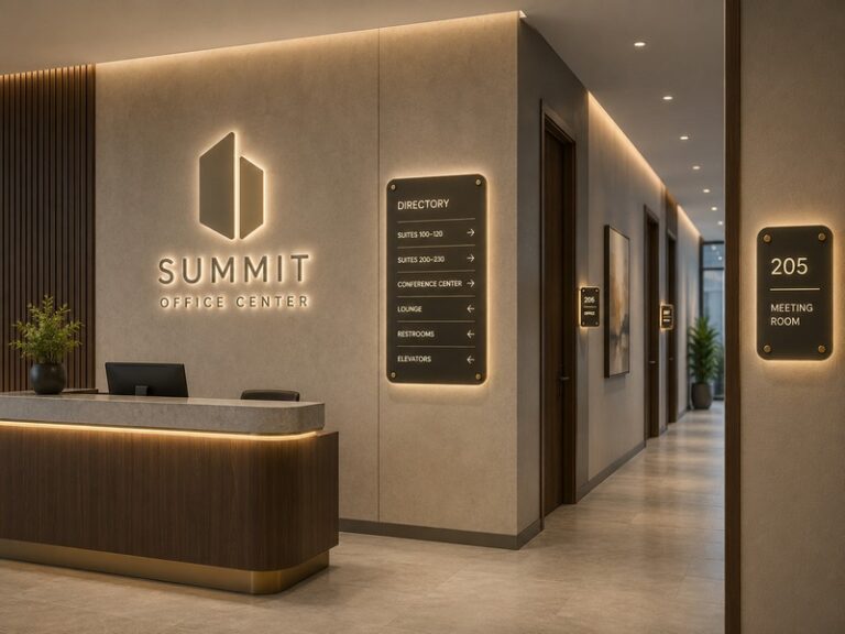 Visually consistent custom signs installed throughout a modern commercial space