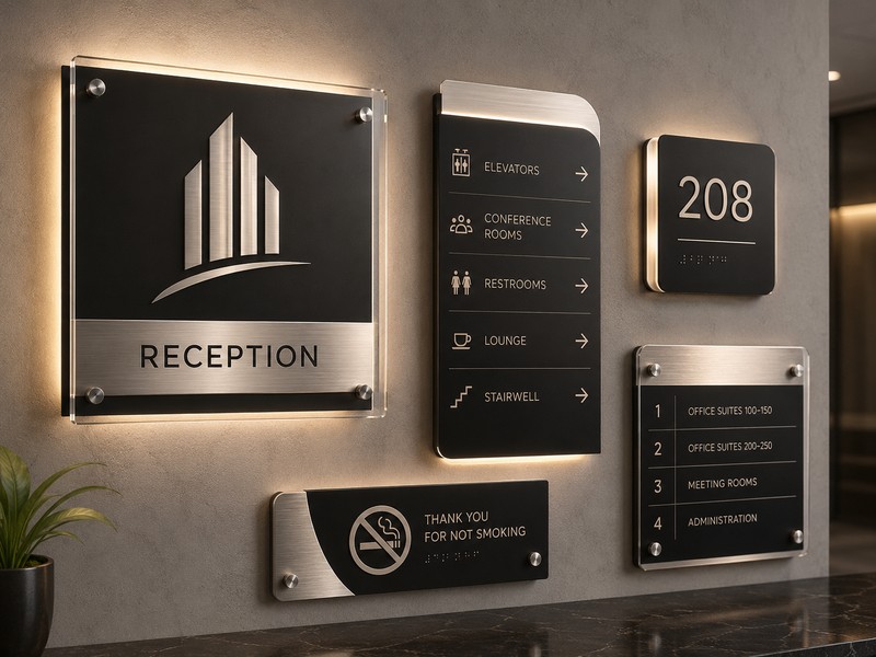 Coordinated reception, directional, directory, and room signs from one sign family