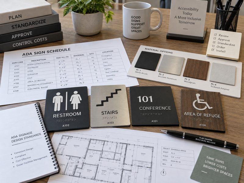 ADA sign samples, drawings, and organized project materials showing how planning helps control sign cost