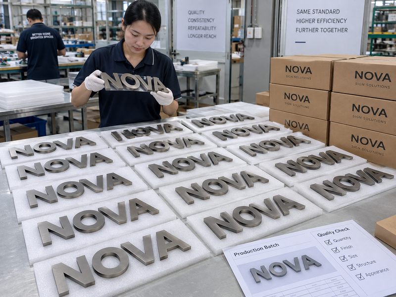 Standardized custom metal letters produced in repeat batches to control unit cost and maintain consistency