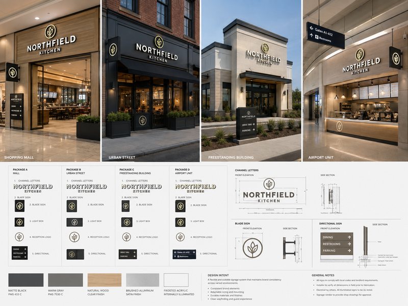 Coordinated multi-location signage system across different commercial store formats