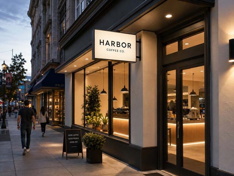 Custom double-sided blade sign installed on a modern storefront at dusk