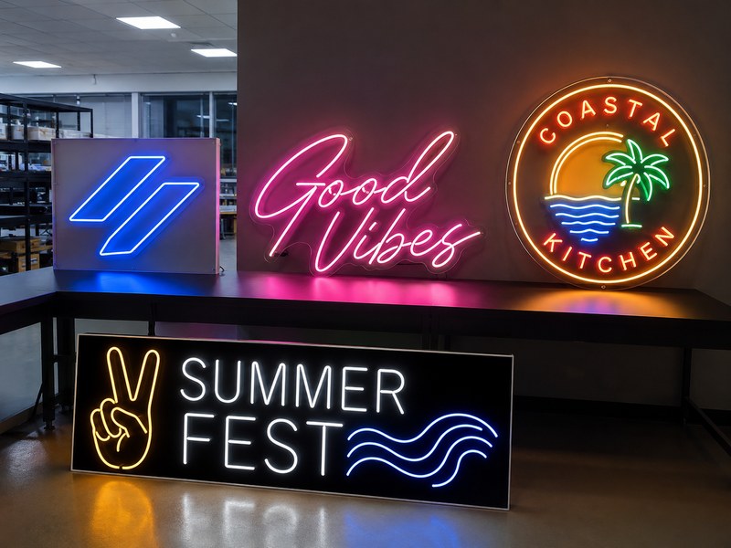 Custom LED neon logo text and commercial sign projects suitable for outsourced production
