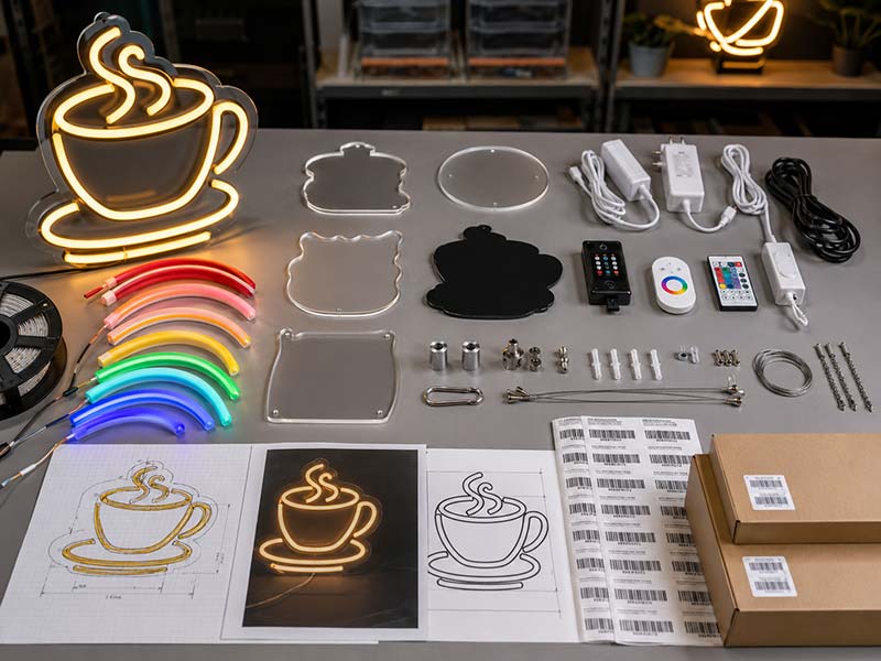 Custom LED neon sign options including colors, backing, and private label details