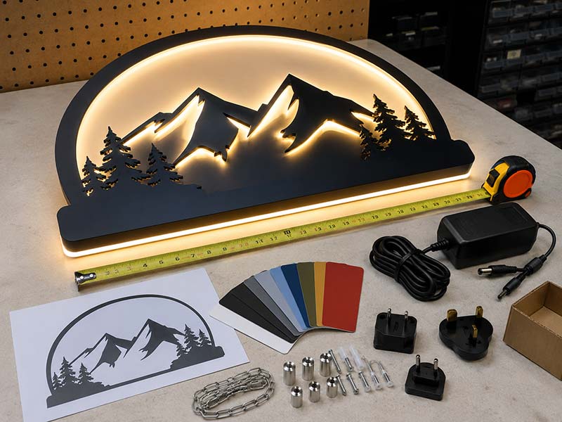 Custom LED sign product details with size, color, voltage, plug, and mounting accessories