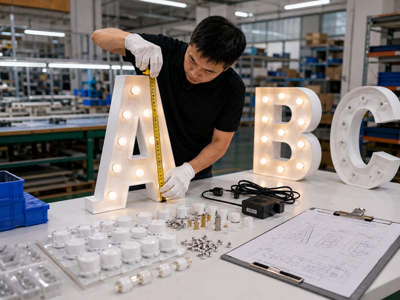 Chinese quality inspector checking custom marquee letter size, bulbs, power parts, and accessories