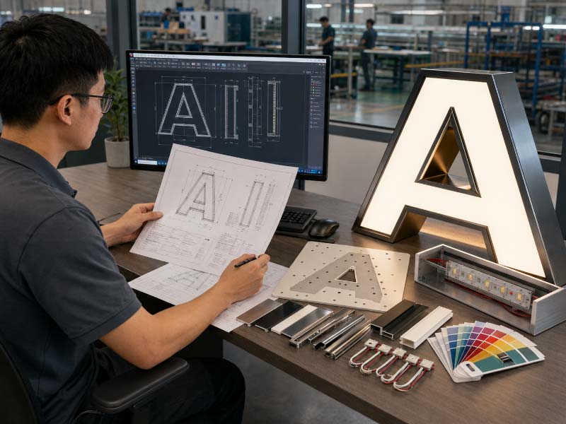Engineering review of production drawings before custom sign manufacturing