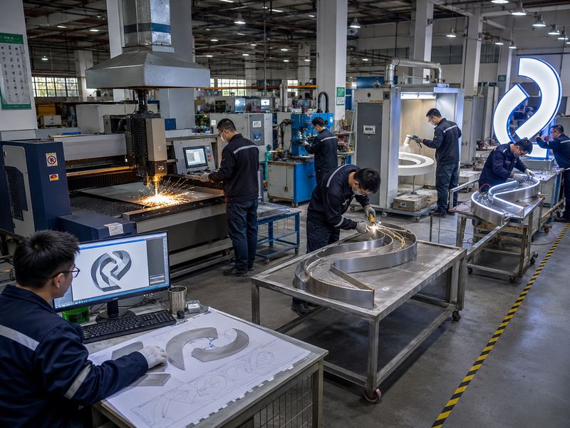 Commercial logo moving through engineering, cutting, forming, welding, finishing, LED assembly, wiring, and illuminated testing.