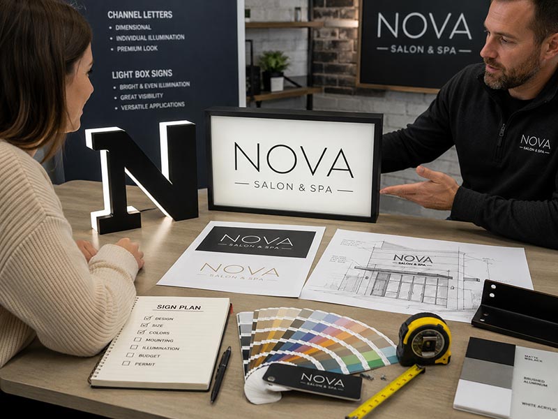 Custom sign project selection with channel letter sample, light box sample and logo drawings