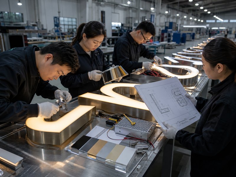 Engineers inspecting channel-letter dimensions, LED lighting, wiring, materials, and surface finishes.