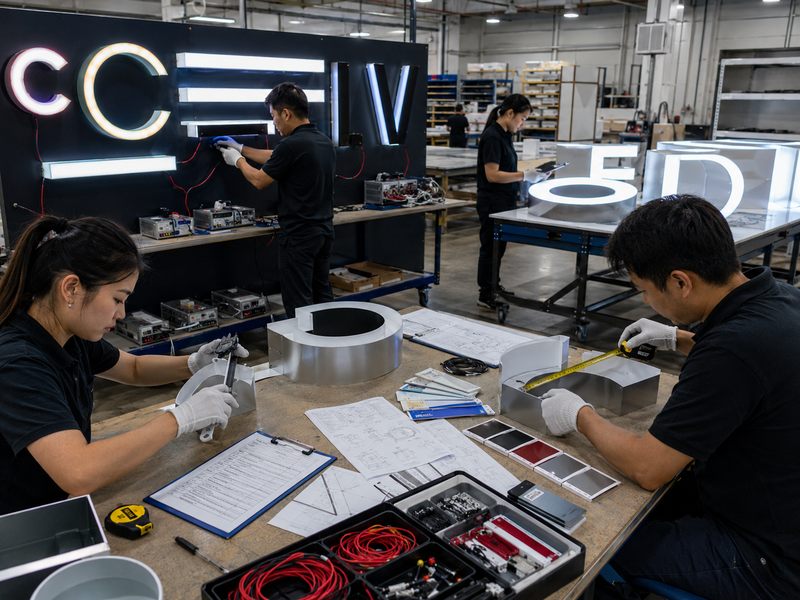 Custom sign quality inspection covering dimensions, paint finish, LED illumination, wiring, power supplies, and pre-shipment testing