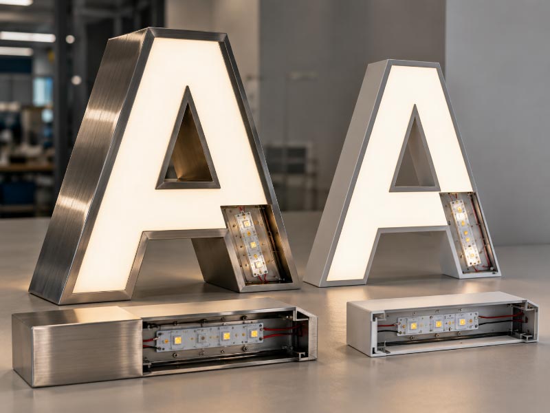 Side-by-side comparison of two custom channel letter signs with different materials and construction