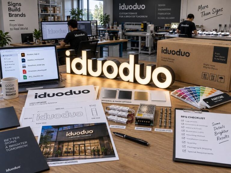 Custom sign RFQ checklist with drawings, specifications and commercial signage samples