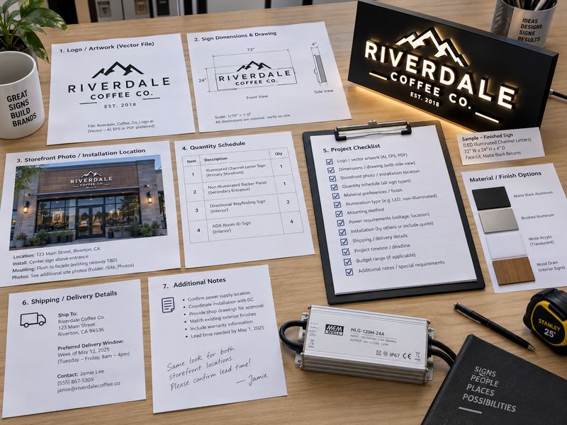 Custom sign RFQ requirements with logo drawings, dimensions and signage samples