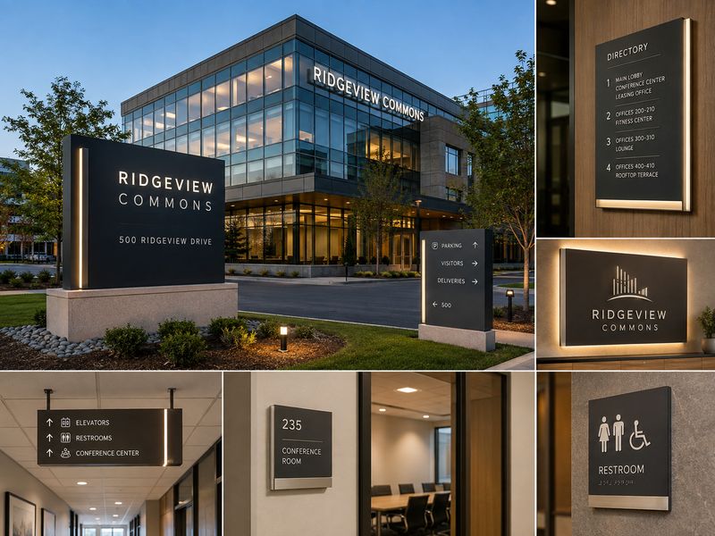 Complete custom sign system with coordinated indoor and outdoor commercial signage