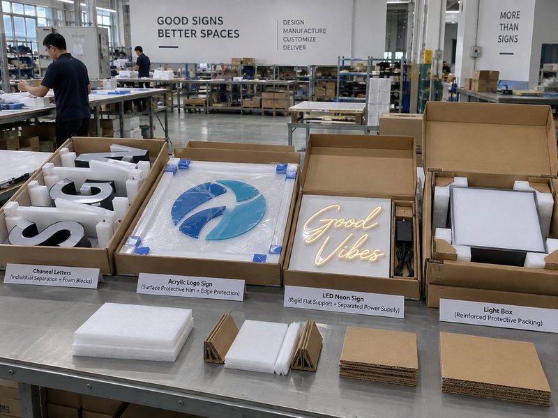 Different packaging methods for channel letters LED neon acrylic signs and light boxes