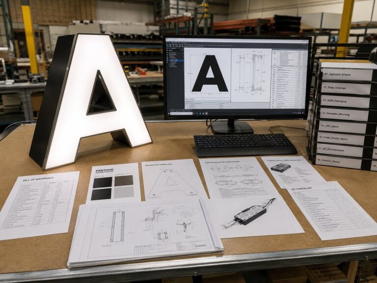 Digital sign production files with channel letter drawings, BOM, mounting template and QC records for accurate sign reorders