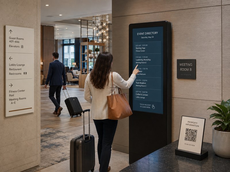 Hotel lobby combining a digital event directory with static directional and tactile signs