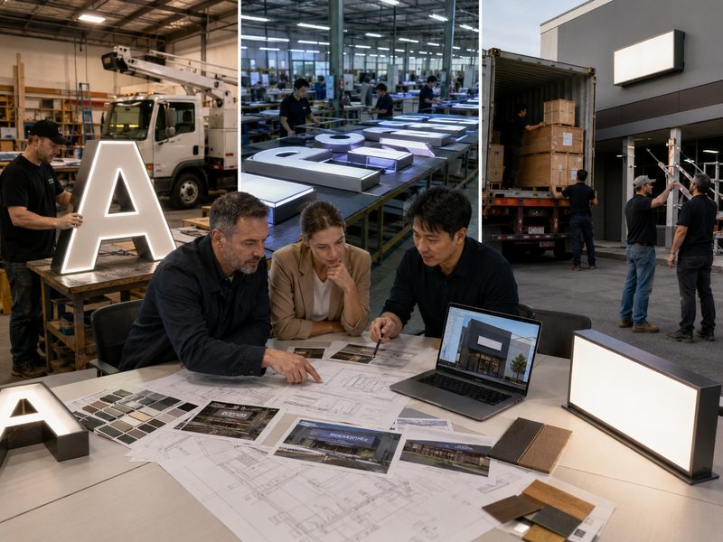 Domestic, overseas, and hybrid sign sourcing models for a commercial channel-letter project.
