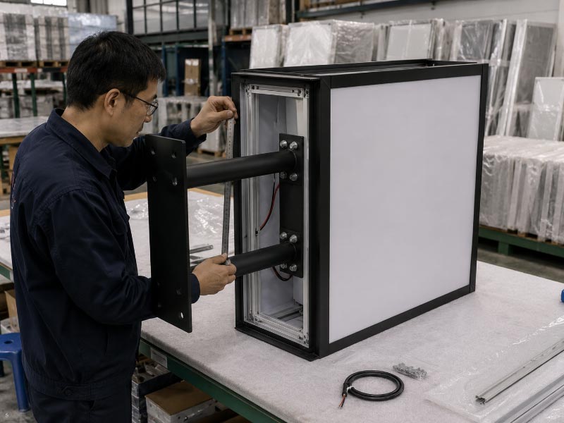 Double-sided sign cabinet, bracket, wiring, and installation preparation