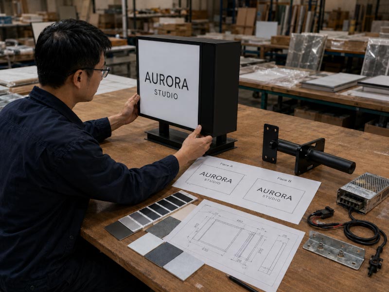 Double-sided sign specifications, artwork, materials, and mounting details under review