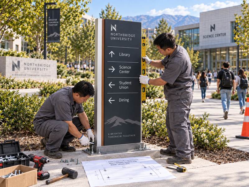 European multi-building campus wayfinding manufacturing project