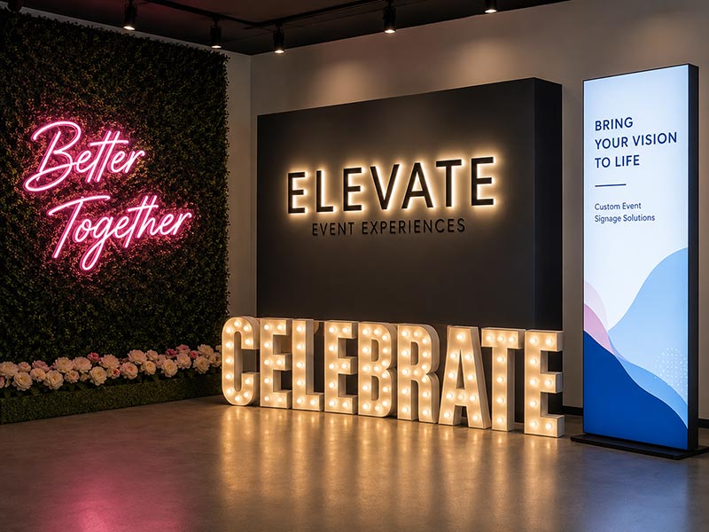 LED neon, halo-lit letters, marquee letters, and light boxes for event backdrops
